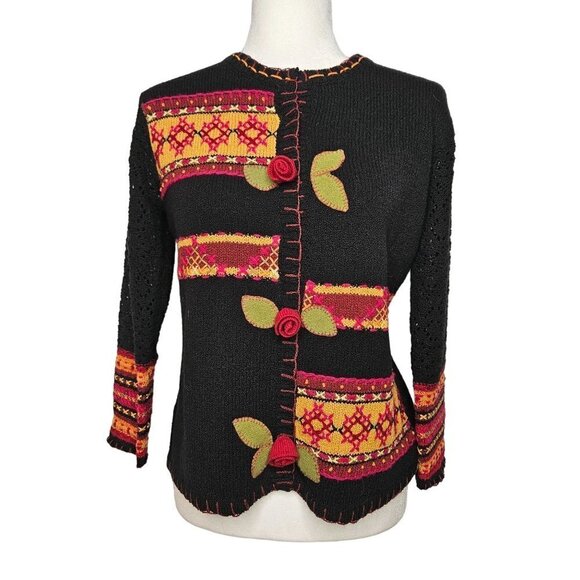 Susan Bristol Small Black Hand Embroidered Cardigan Boho Vintage Festive Floral - Picture 2 of 13